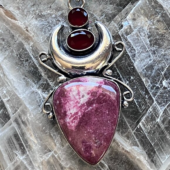 Thulite Rosaline and Garnet Witchy Mustic Lunar Crystal Stone Jewelry Pendant - Picture 3 of 7